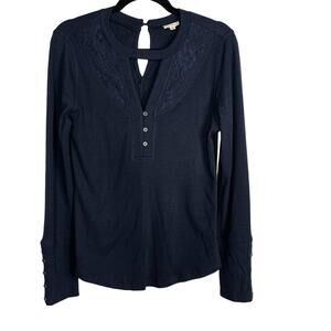 New Hem & Thread Medium M Navy Blue Thermal Keyhole Lace Long Sleeve Tee Button